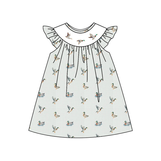 presale GSD3008 Baby Girls Grey Checked Ducks Hunting Knee Length Dresses D 1114