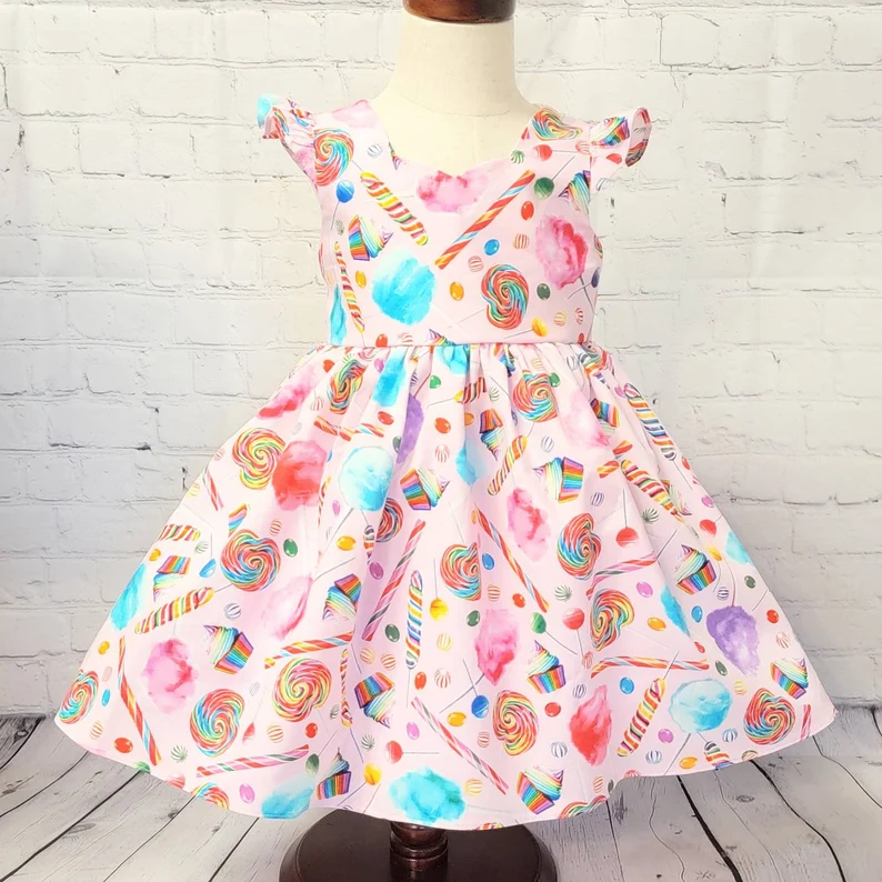 presale GSD3018 Baby Girls Flutter Sleeve Colorful Candy Knee Length Dresses  D 1120