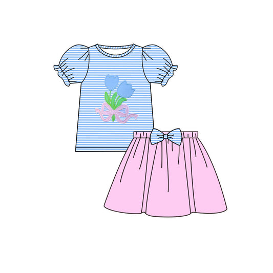 presale GSD3039 Baby Girls Blue Stripe Flowers Bows Top Pink Skirts Clothes Sets   D 1125