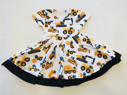presale GSD3040 Baby Girls Short Sleeve Excavators Plaid Ruffle Knee Length Dresses  D 1125