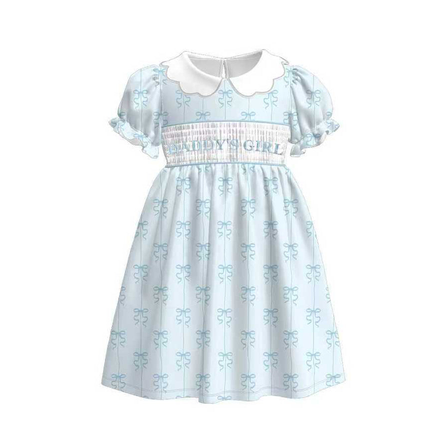presale GSD3042 Baby Girls Blue Bows Daddy's Girl Ruffle Sleeve Knee Length Dresses   D 1125