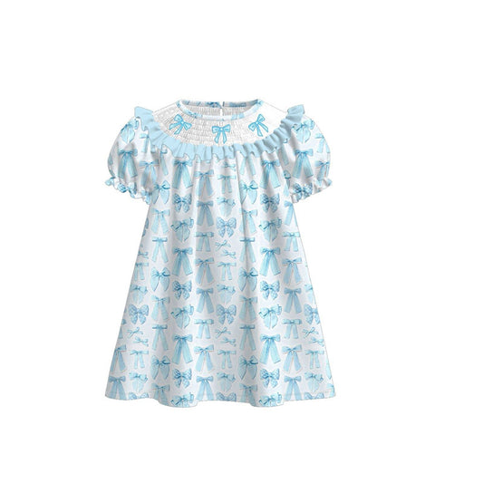 presale GSD3043 Baby Girls Blue Bows Plaid Ruffle Sleeve Knee Length Dresses D 1125