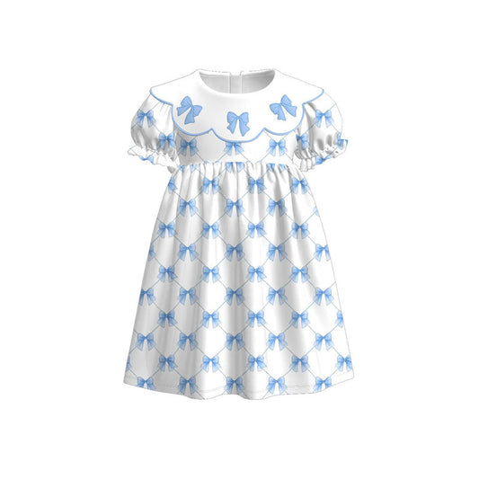 presale GSD3045 Baby Girls Blue Bows Checked Ruffle Sleeve Knee Length Dresses D 1125