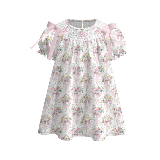 presale GSD3047 Baby Girls Pink Flowers Bows Ruffle Sleeve Knee Length Dresses D 1125