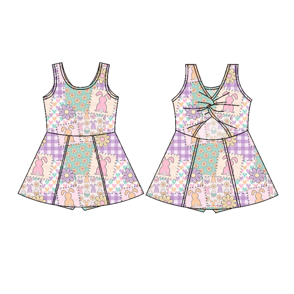 presale GSD3051 Baby Girls Sleeveless Rabbits Flowers Checked Easter Yoga Shorts Knee Length Dresses D 1129