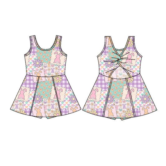 presale GSD3051 Baby Girls Sleeveless Rabbits Flowers Checked Easter Yoga Shorts Knee Length Dresses D 1129
