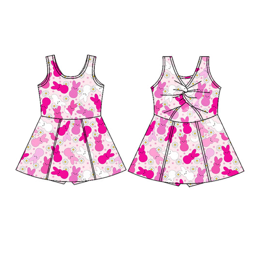 presale GSD3053 Baby Girls Sleeveless Pink Rabbits Daisy Easter Yoga Shorts Knee Length Dresses D 1129