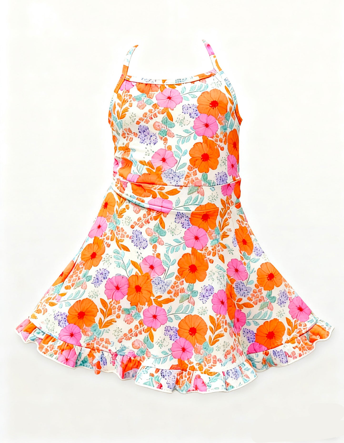 presale GSD3054 Baby Girls Strap Pink Orange Flowers Yoga Ruffle Knee Length Dresses   D 1129