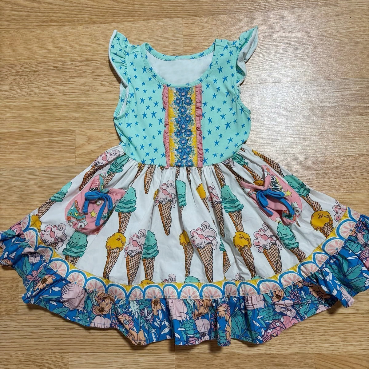 presale GSD3057 Baby Girls Ice Creams Flowers Pockets Knee Length Dresses  D 1129