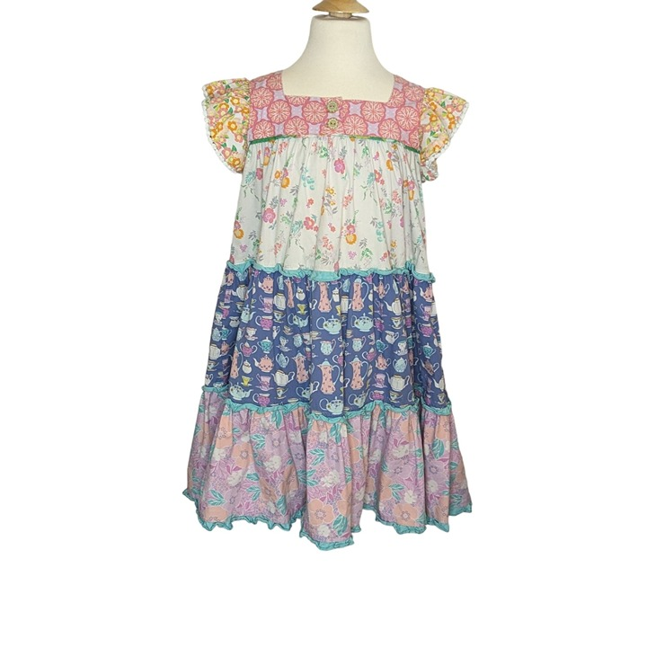 presale GSD3058 Baby Girls Flowers Tea Cups Patchwork Knee Length Dresses  D 1129