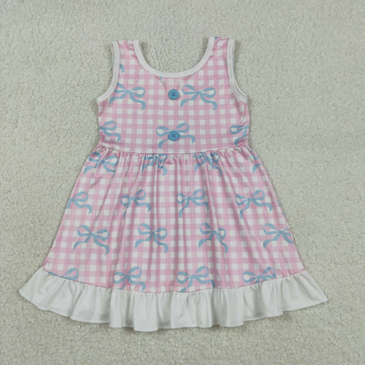 Baby Girls Knee-Length Ruffle Dress Pink Checked Sleeveless with Bows - Cute Summer Casual Outfit for Little Girls