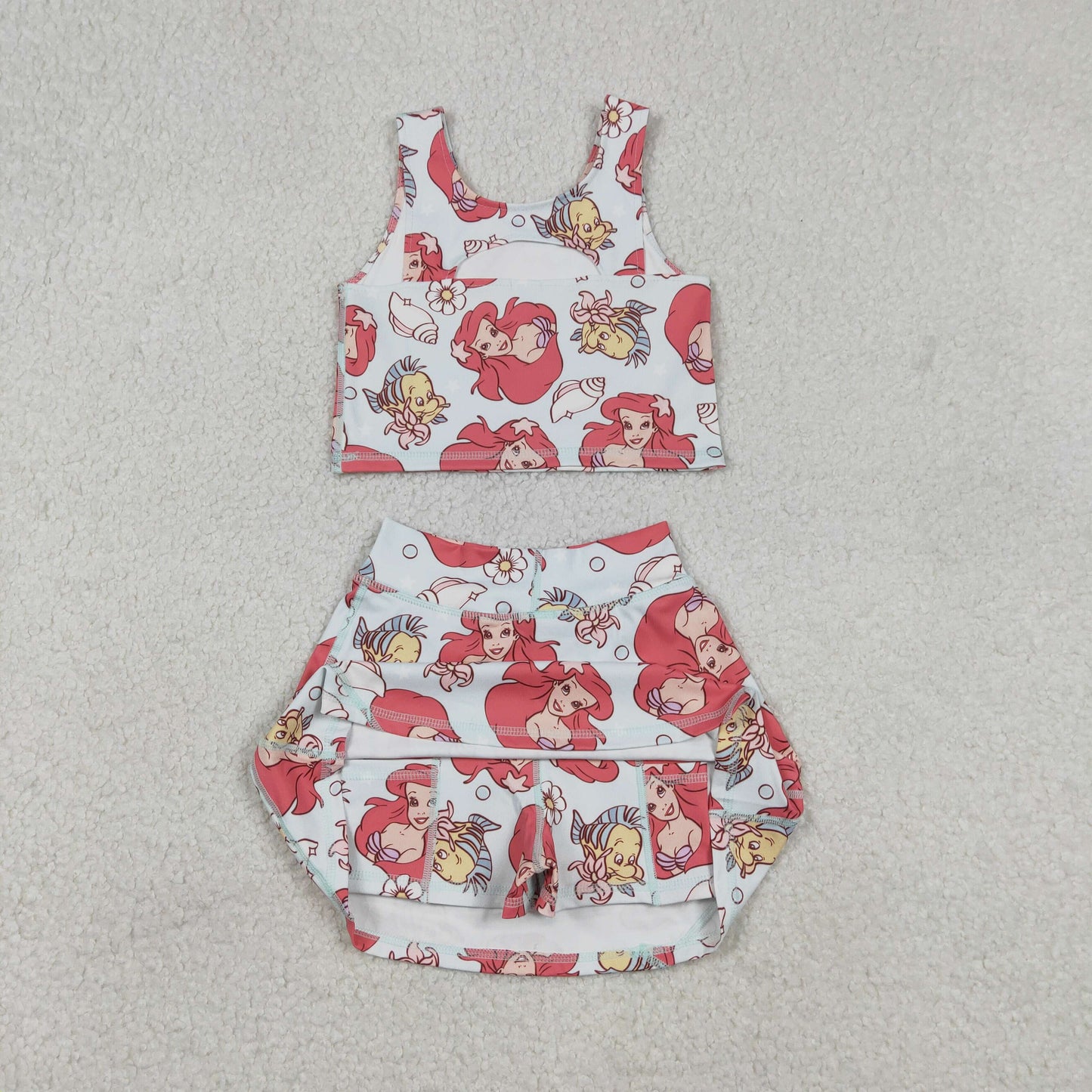 Baby Girls Sleeveless Cartoon Mermaid Fishes Print Top Skort Set Yoga Outfit Comfortable Soft Fabric Baby's Playwear