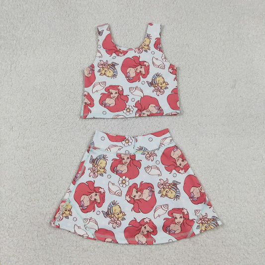 Baby Girls Sleeveless Cartoon Mermaid Fishes Print Top Skort Set Yoga Outfit Comfortable Soft Fabric Baby's Playwear