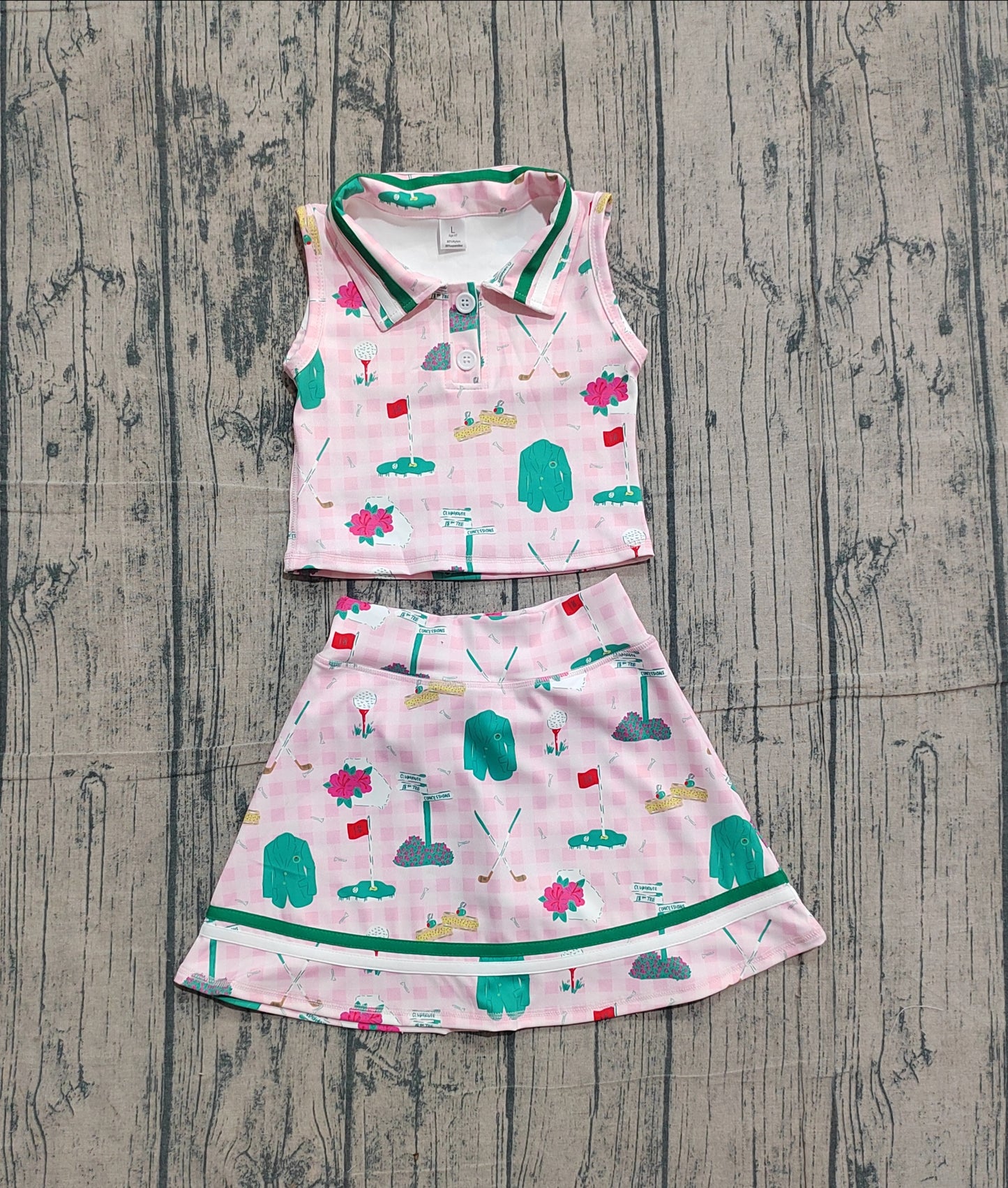 Pre-order Baby Girls Pink Checked Golf Flags Button Top Skirt Short Yoga Active Clothes Sets