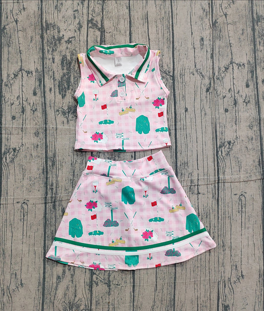 Pre-order Baby Girls Pink Checked Golf Flags Button Top Skirt Short Yoga Active Clothes Sets