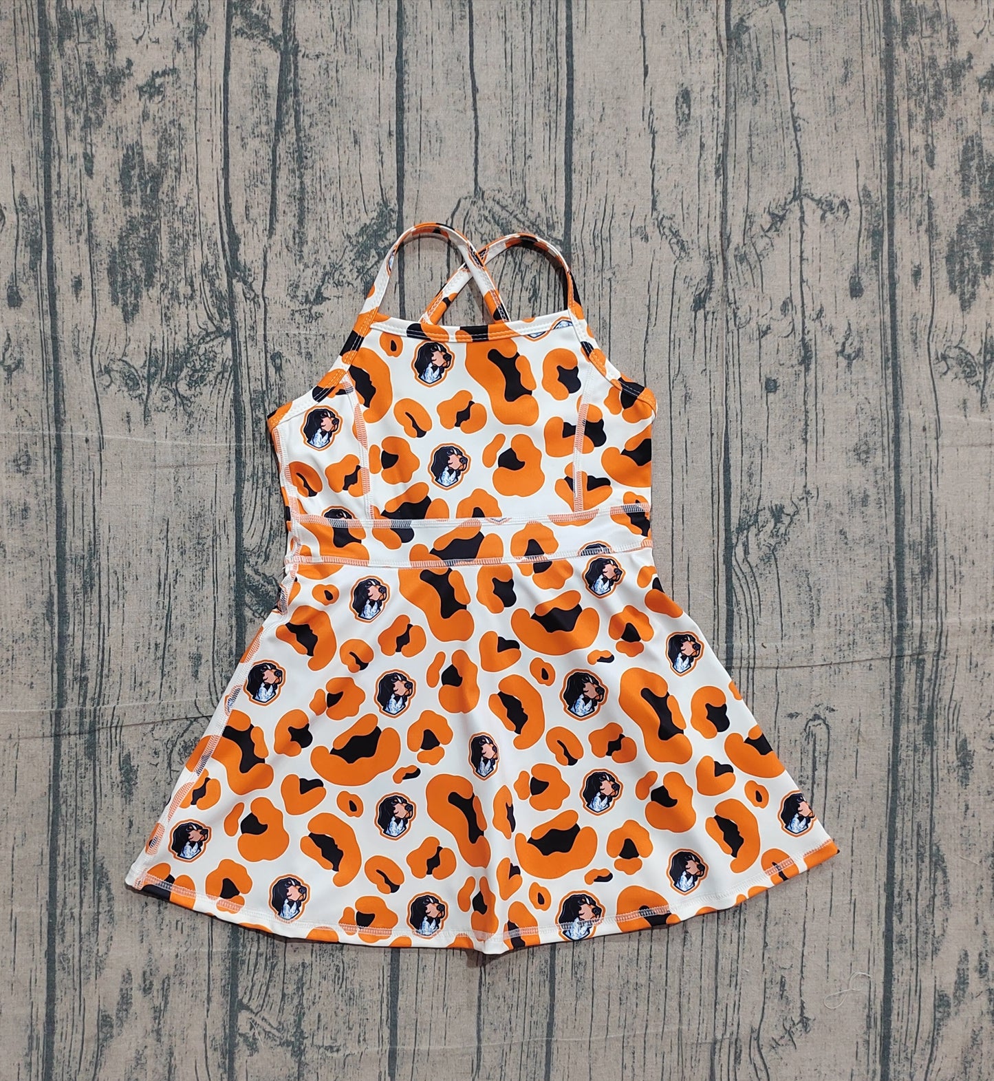 Pre-order Baby Girls Strap Orange Leopard Dogs Team Yoga Active Shorts Knee Length Dress