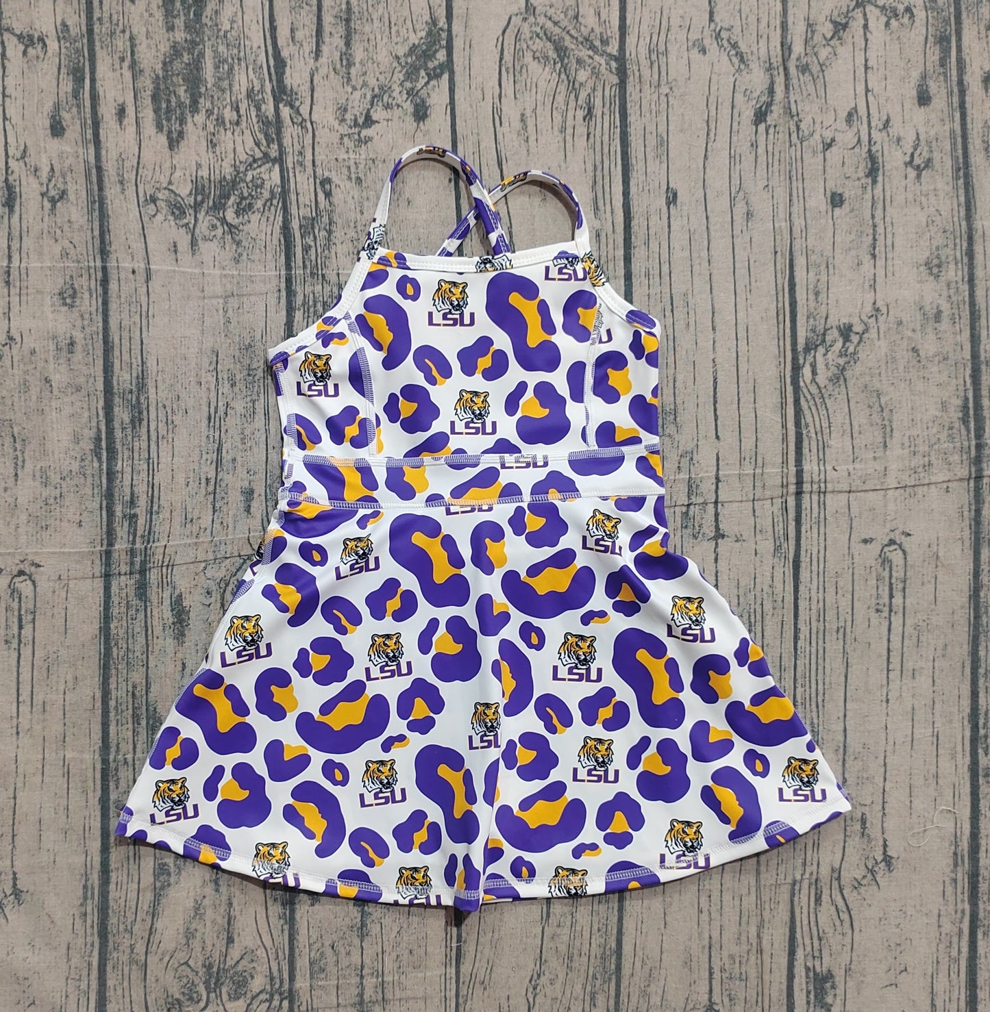 Pre-order Baby Girls Strap Purple Leopard LSU Tigers Team Yoga Active Shorts Knee Length Dress