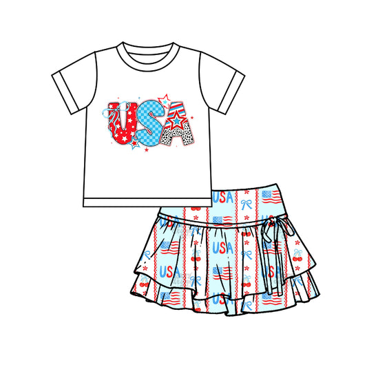 Presale Yoga fabric GSD3745 Baby Girls Summer Outifit Baby Girls USA Bows Top Yoga Active Skirt Shorts 4th of July Clothes Set