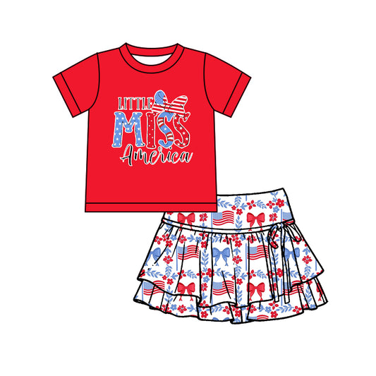 Presale Yoga fabric GSD3746 Baby Girls Summer Outifit Baby Girls Red Miss America Top Yoga Active Skirt Shorts 4th of July Clothes Set