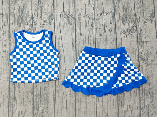 Pre order blue checkered active scallop skort set girls athletic outfit