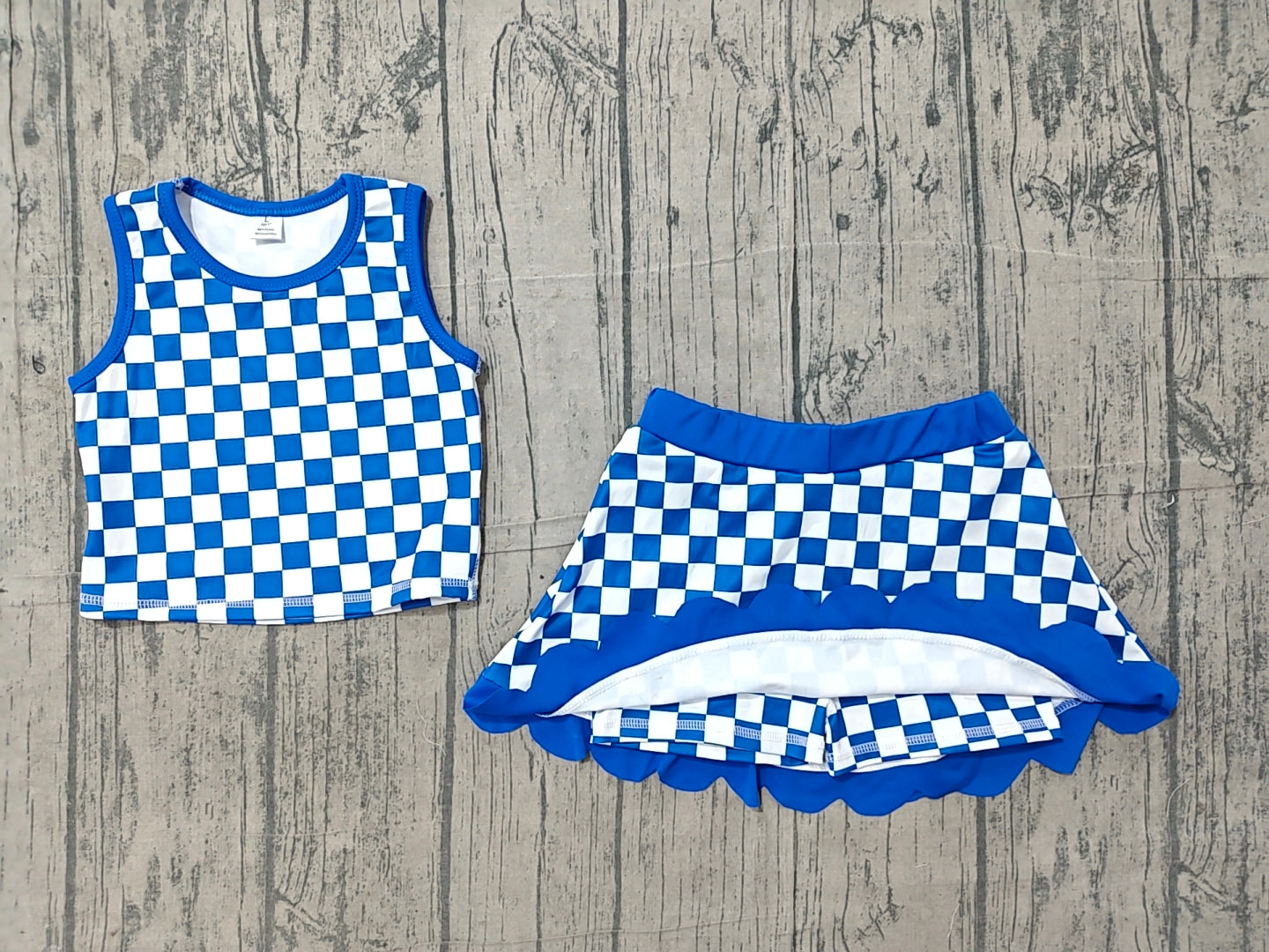Pre order blue checkered active scallop skort set girls athletic outfit