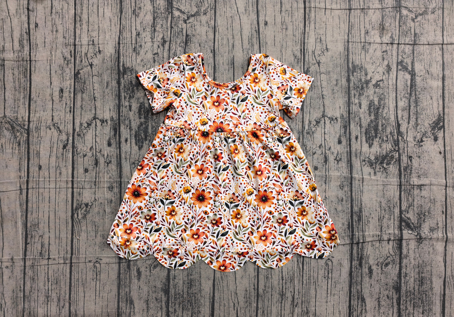 Pre order short sleeve fall flower scallop dress