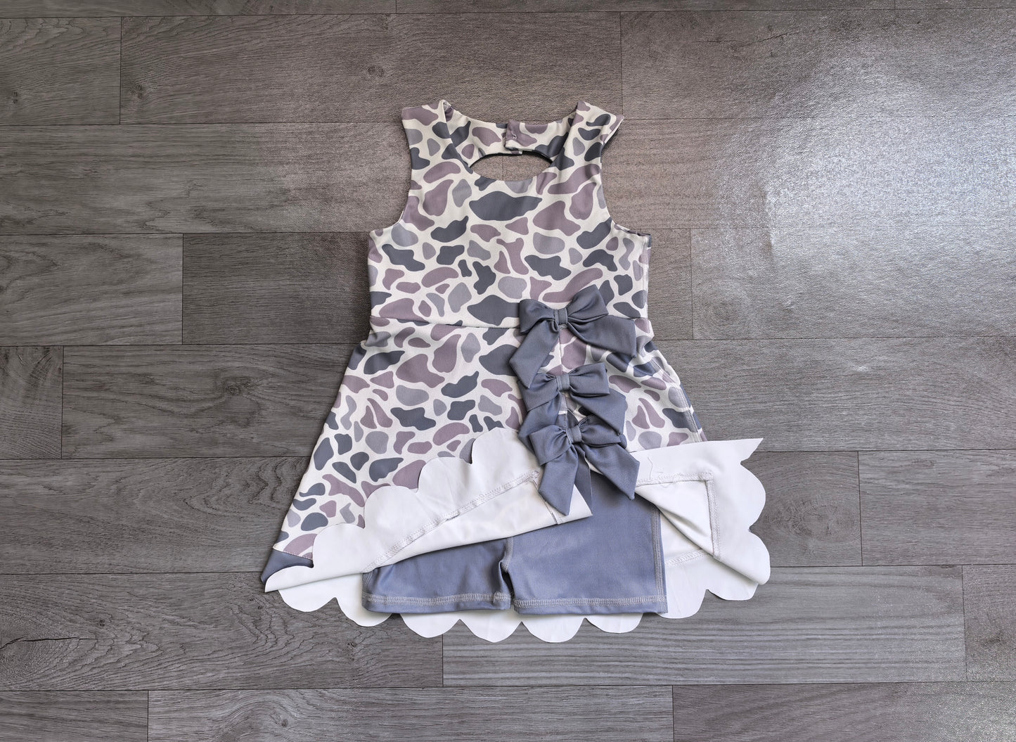 Pre order grey camo bow athletic scallop dress
