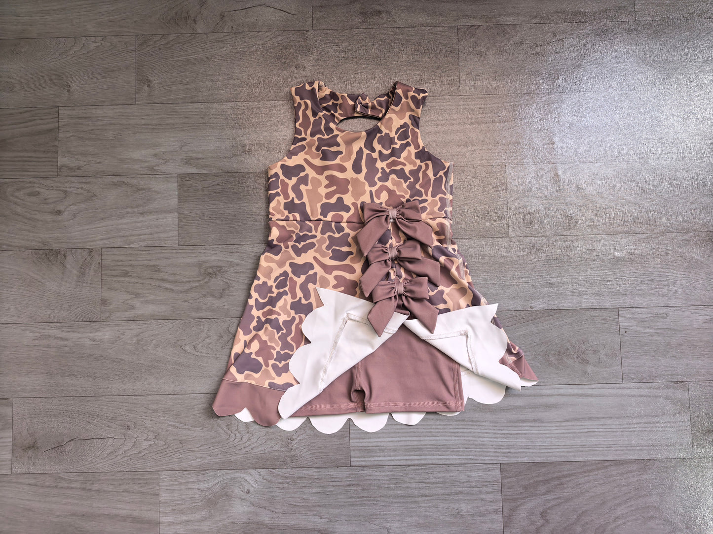 Pre order camo bow athletic scallop dress