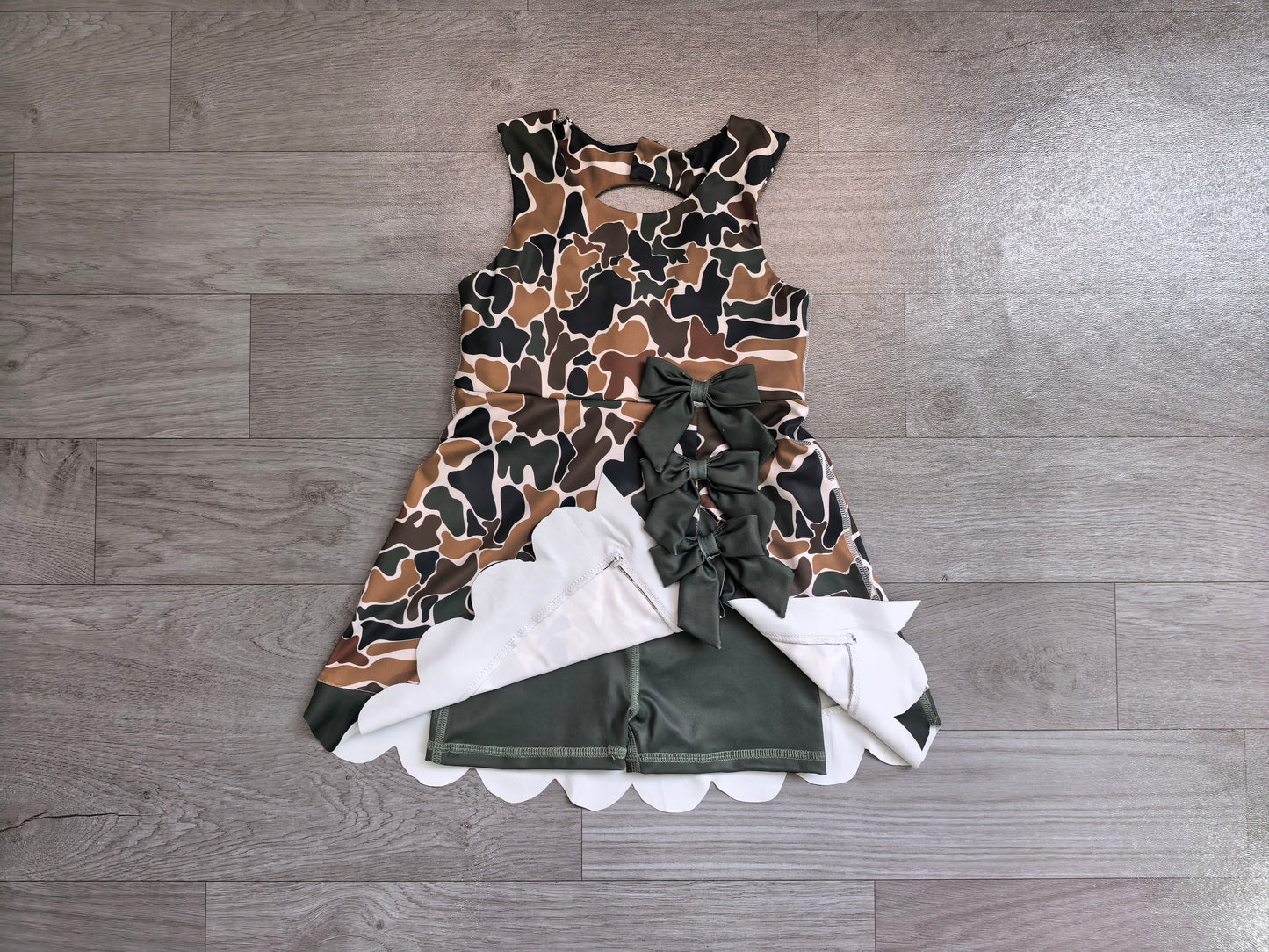 Pre order grey camo bow athletic scallop dress