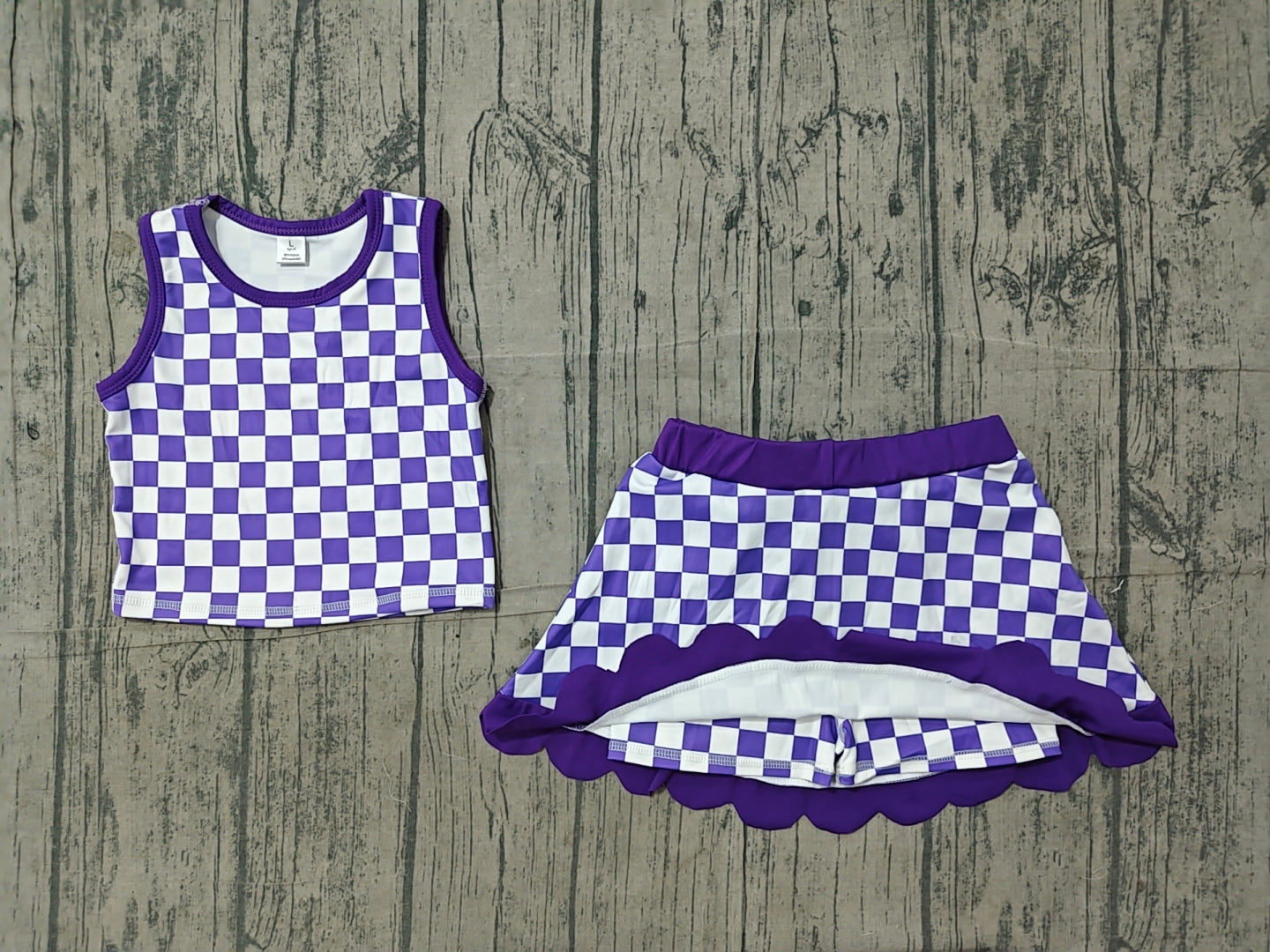 Pre order purple checkered active scallop skort set girls athletic outfit