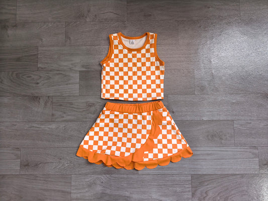 Pre order orange checkered active scallop skort set girls athletic outfit