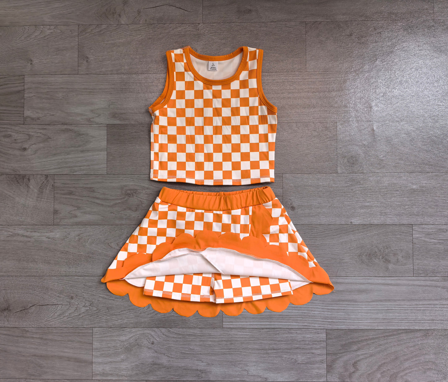 Pre order orange checkered active scallop skort set girls athletic outfit