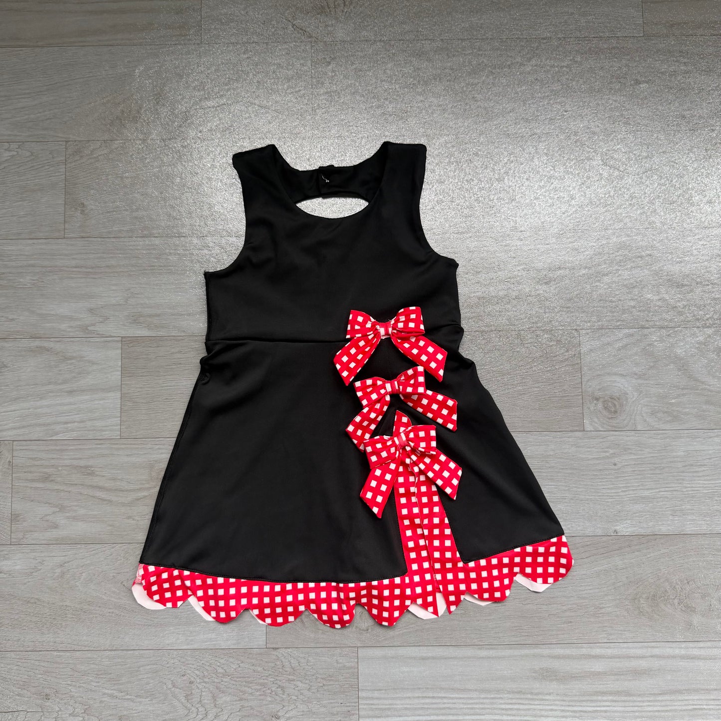 Pre order black with red gingham bow athletic scallop dress