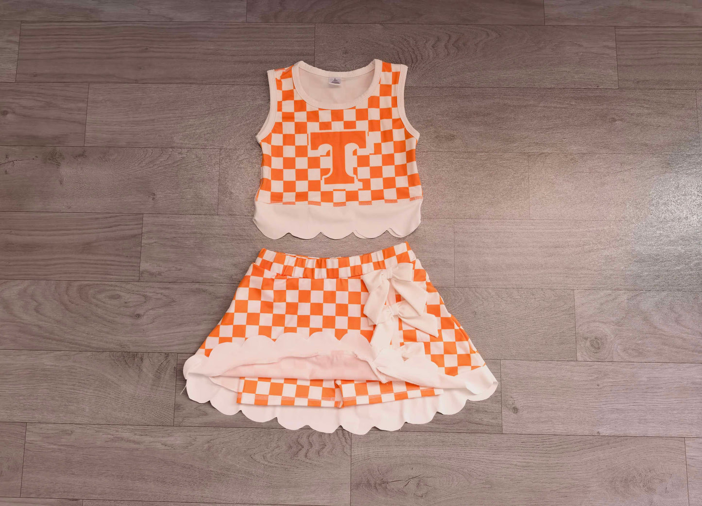 Pre order T checkered scallop active skort set girls athletic outfit