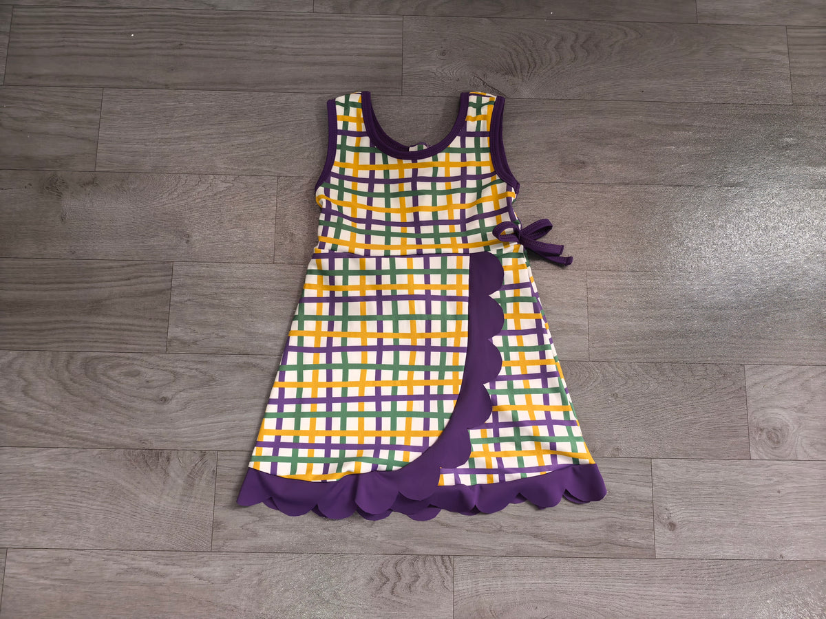 Pre order mardi gras purple green yellow gingham scallop yoga dress