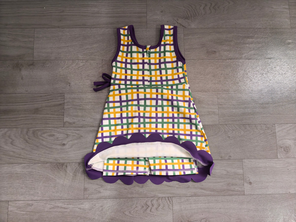 Pre order mardi gras purple green yellow gingham scallop yoga dress
