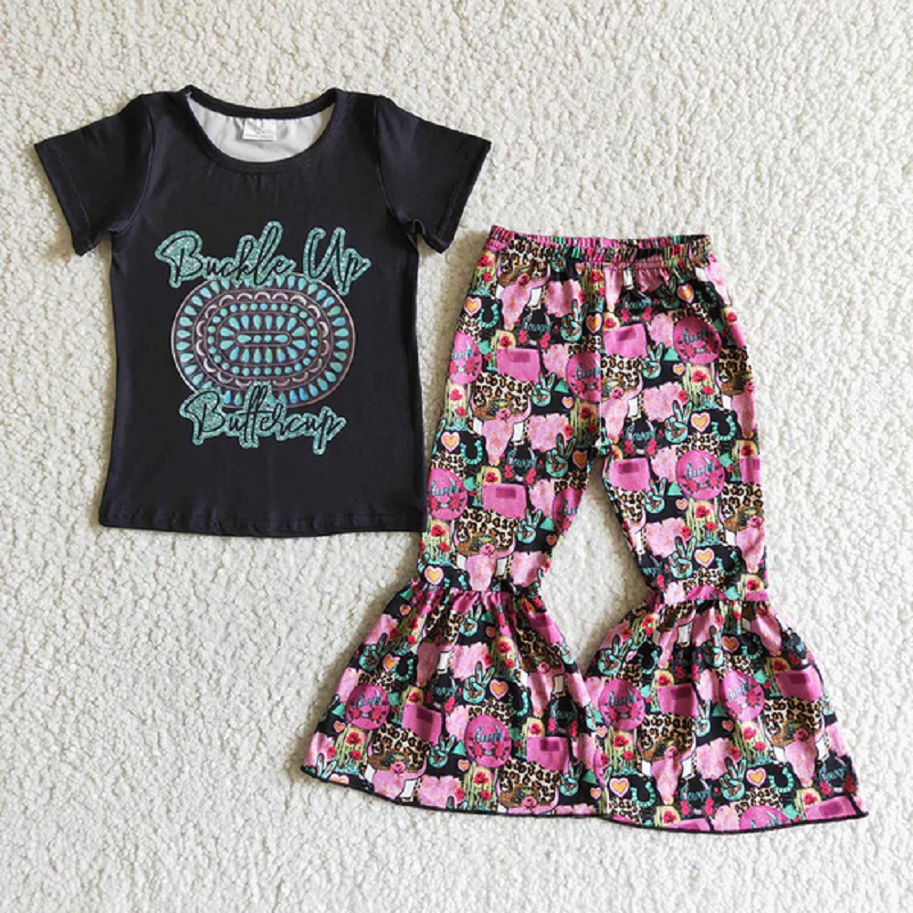 GSPO0039 Black Jewel Short Sleeve Pink Flared Pants Set