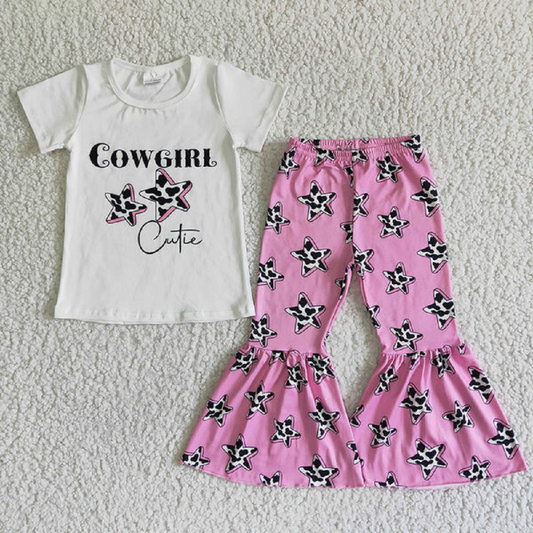 GSPO0044 White Short Sleeve Pink Star Flared Pants Suit