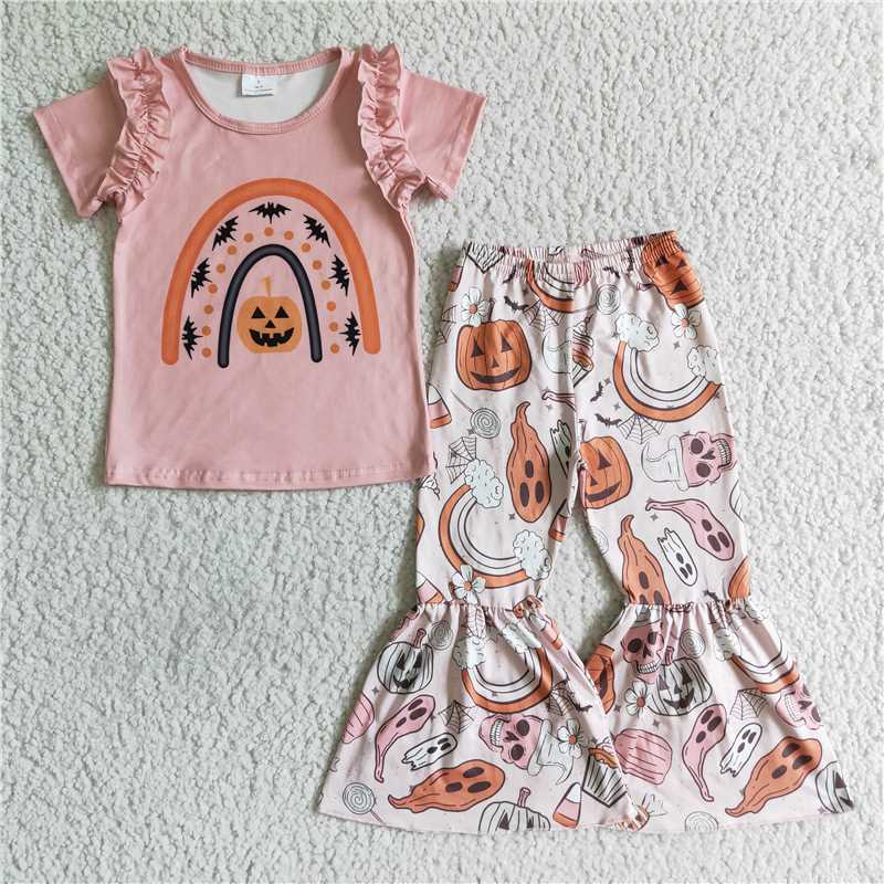 GSPO0098 Halloween Pumpkin Pink Short Sleeve Pants Suit