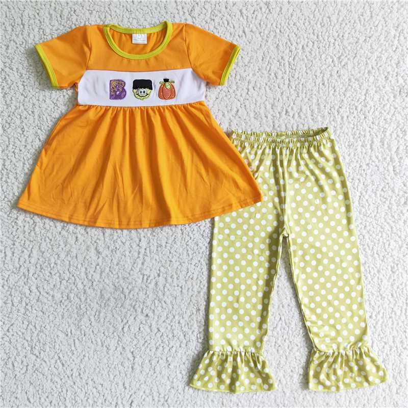 GSPO0119 Girls Embroidered Halloween BOO Pumpkin Short Sleeve Pants Suit