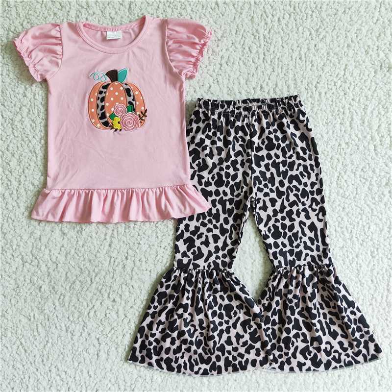 GSPO0122 Girls Embroidered Pumpkin Pink Short Sleeve Leopard Print Pants Suit