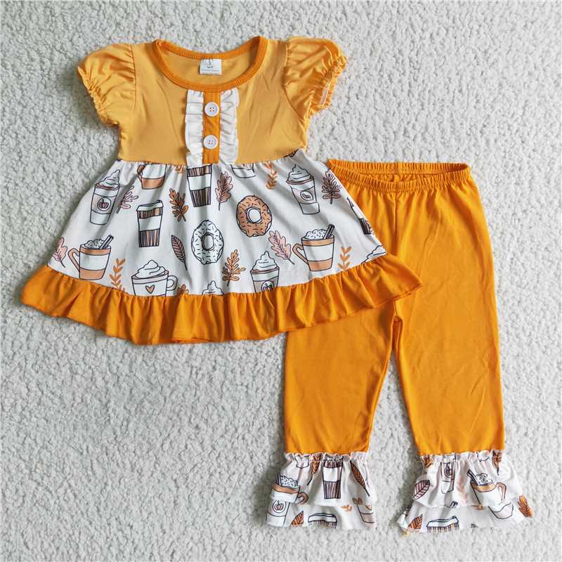 GSPO0123 Girls Fall Pumpkin Starbucks Short Sleeve Pants Suit