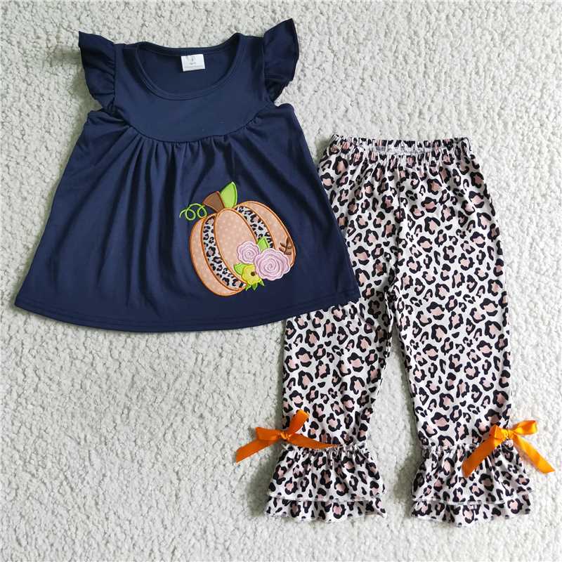 GSPO0133 Girls Embroidered Leopard Print Pumpkin Bow Flying Sleeve Pants Suit