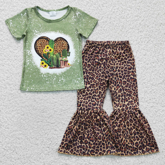GSPO0323 Girls Leopard Heart Cactus Short Sleeve Pants Set