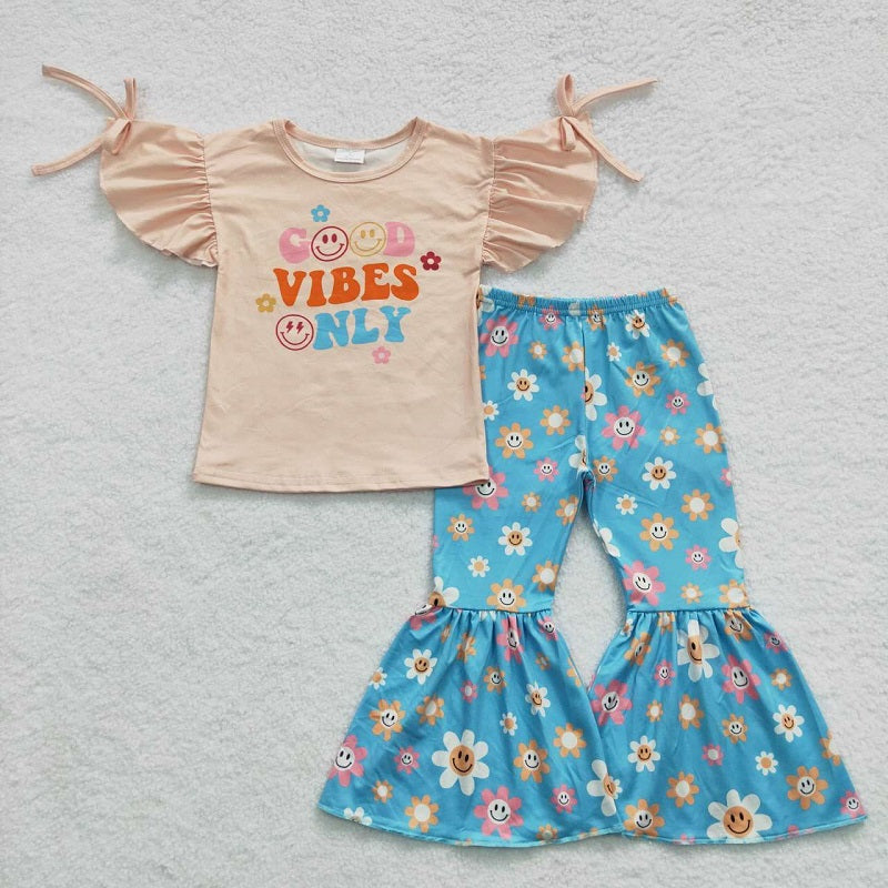 GSPO0637 Skin Tone Flying Sleeves Blue Smile Floral Flared Pants Set