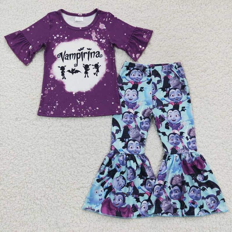 GSPO0638 Halloween Purple Short Sleeve Flared Pants Set