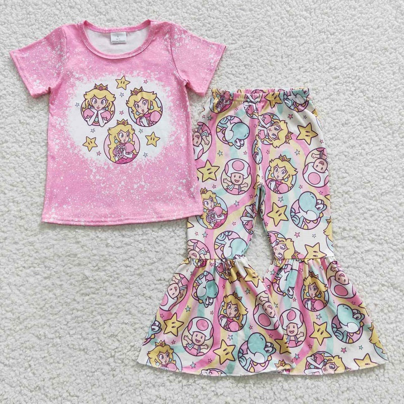 GSPO0651 Cartoon star dinosaur pink short-sleeved trousers suit
