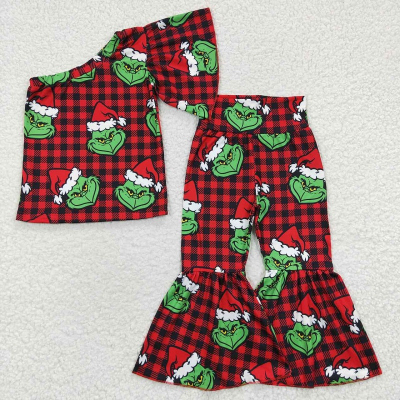 GSPO0654 Christmas Red and Black Plaid Single Sleeve Trousers Set