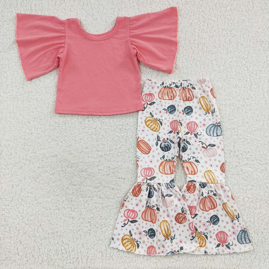 GSPO0670 Solid Color Short Sleeve Top Pumpkin Spotted Pants Set