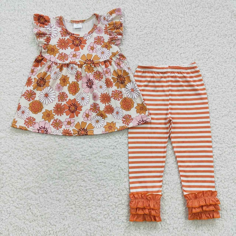 GSPO0674 Floral Fly Sleeve Top Orange Stripe Lace Trouser Set